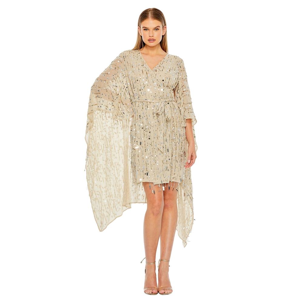 Mac Duggal NWT Cape Back Fringe Beaded Robe Dress in Nude Size M